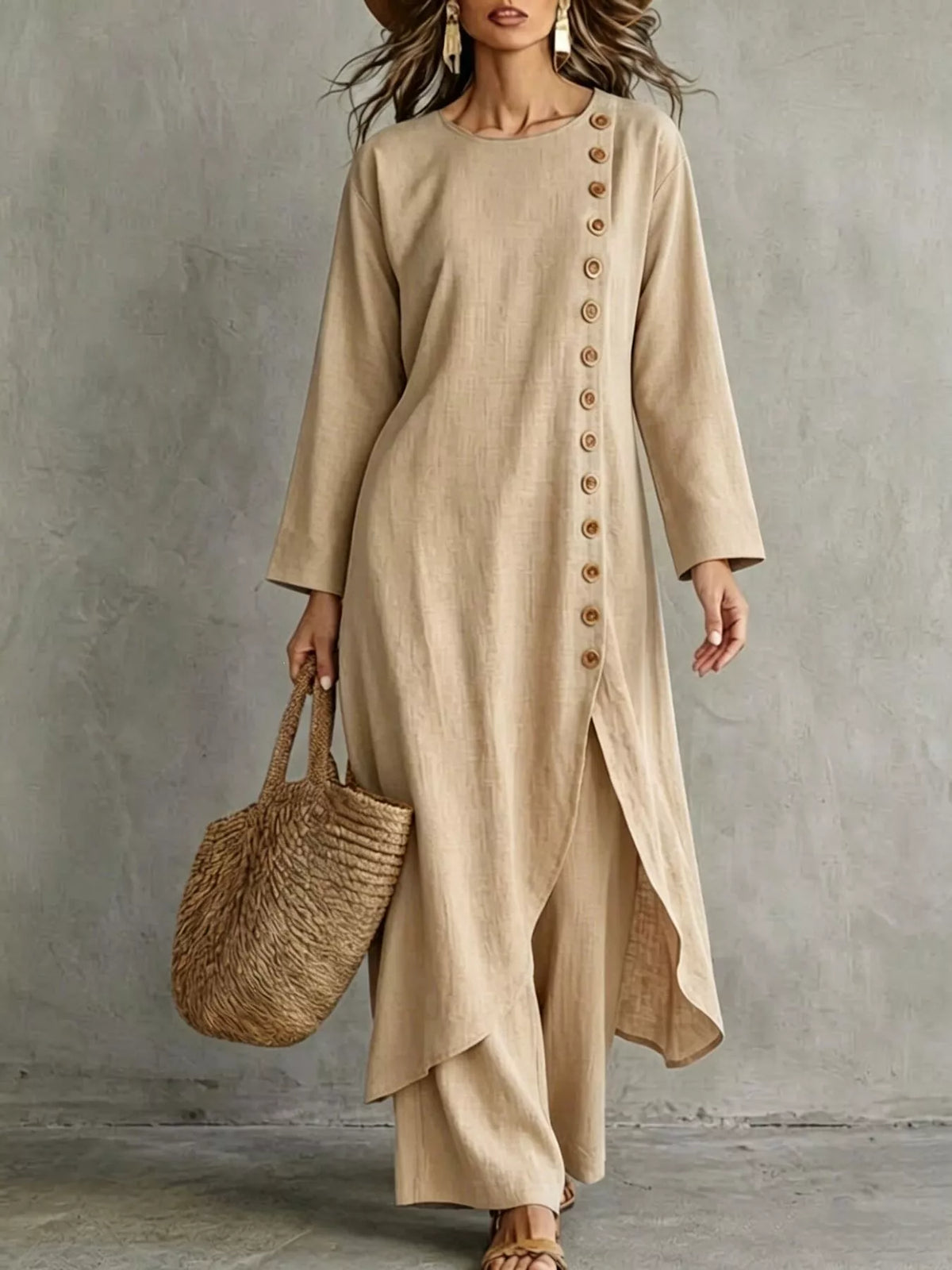 Beige longline top and pants set, round neck, side-button placket, flowing high-low hem