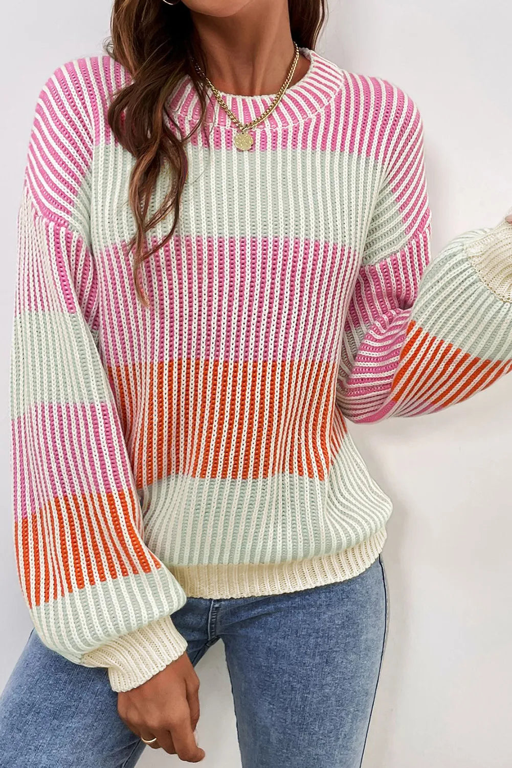 Color-block striped long-sleeve sweater with crew neckline in dusty pink, cream, mint, and orange