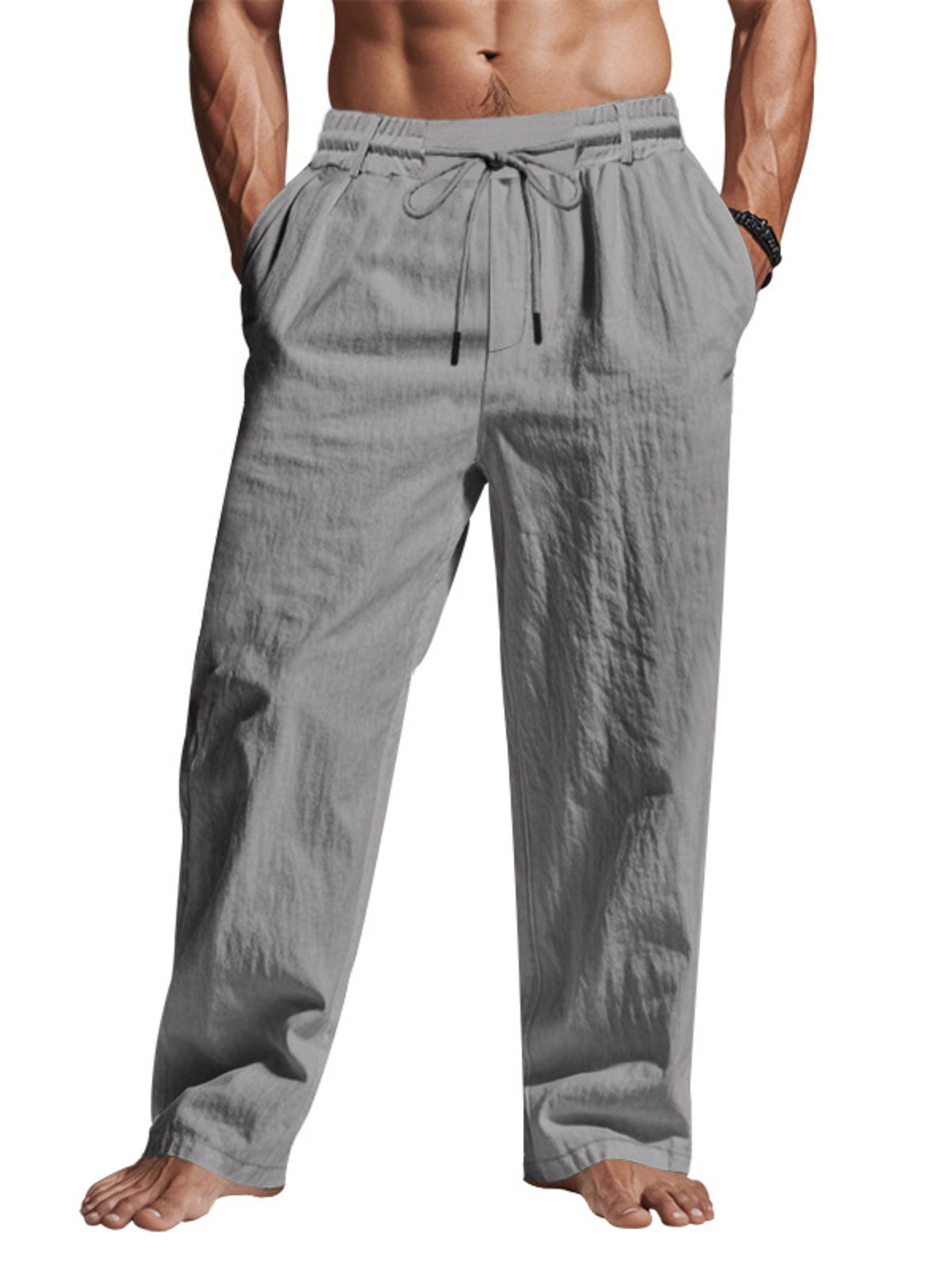 Men's lightweight drawstring pants, light gray elastic waist and drawstring, relaxed fit.