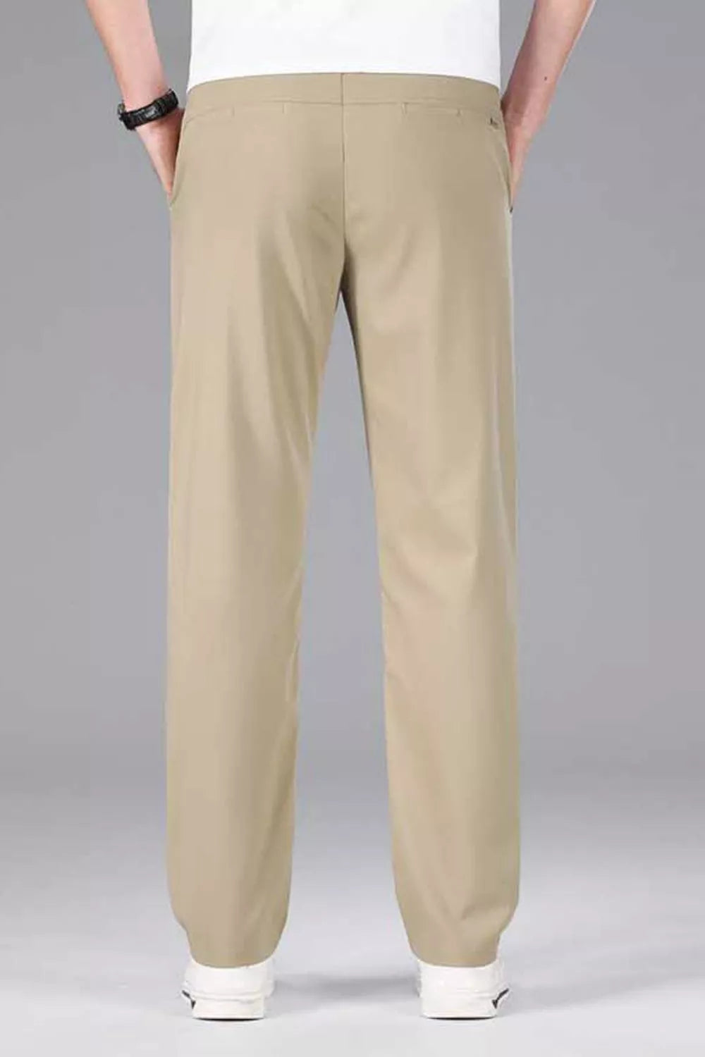 Light khaki straight-leg casual pants with stretch waistband and tapered leg