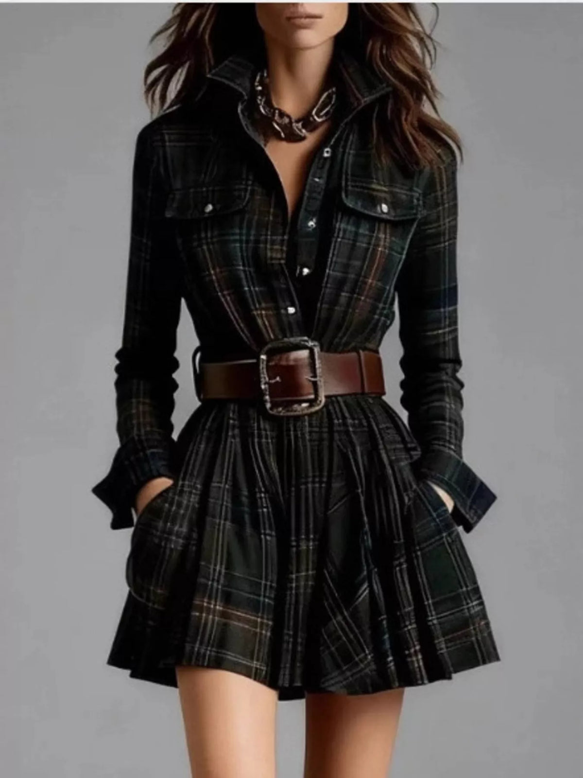 Dark plaid long-sleeve shirt dress with brown belt, button front, and pleated flared skirt