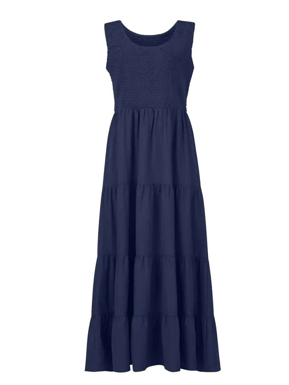 Navy tiered smocked wide-strap dress with sleeveless tiered ruffles
