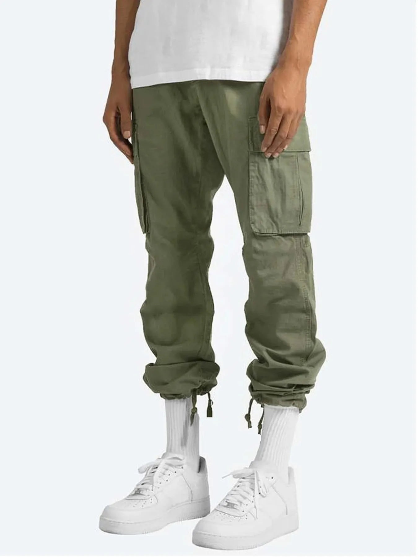 Men's dark green drawstring cargo pants with side cargo pockets and cuffed ankles.