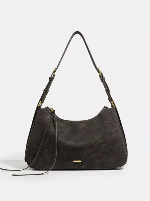 Coffee brown suede-look shoulder bag with adjustable strap and gold-tone hardware
