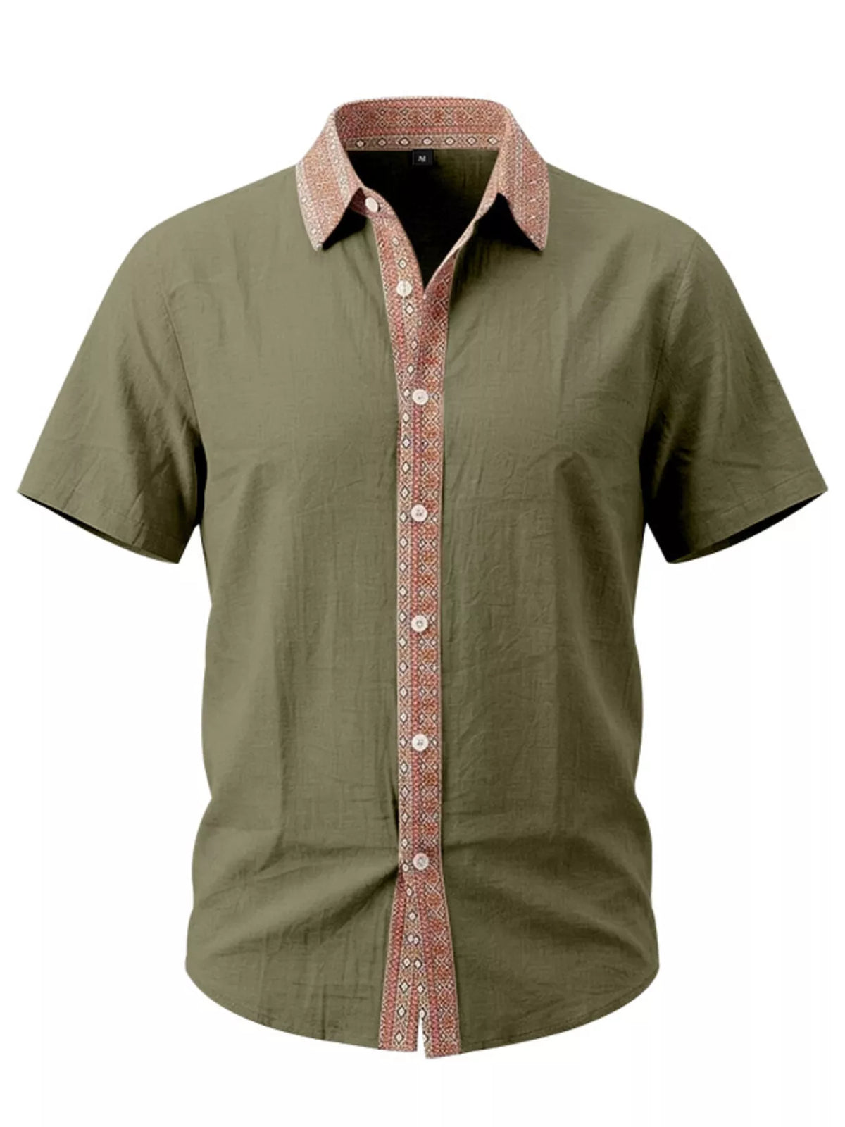 Men's short-sleeve cotton stretch shirt, olive green with patterned button placket
