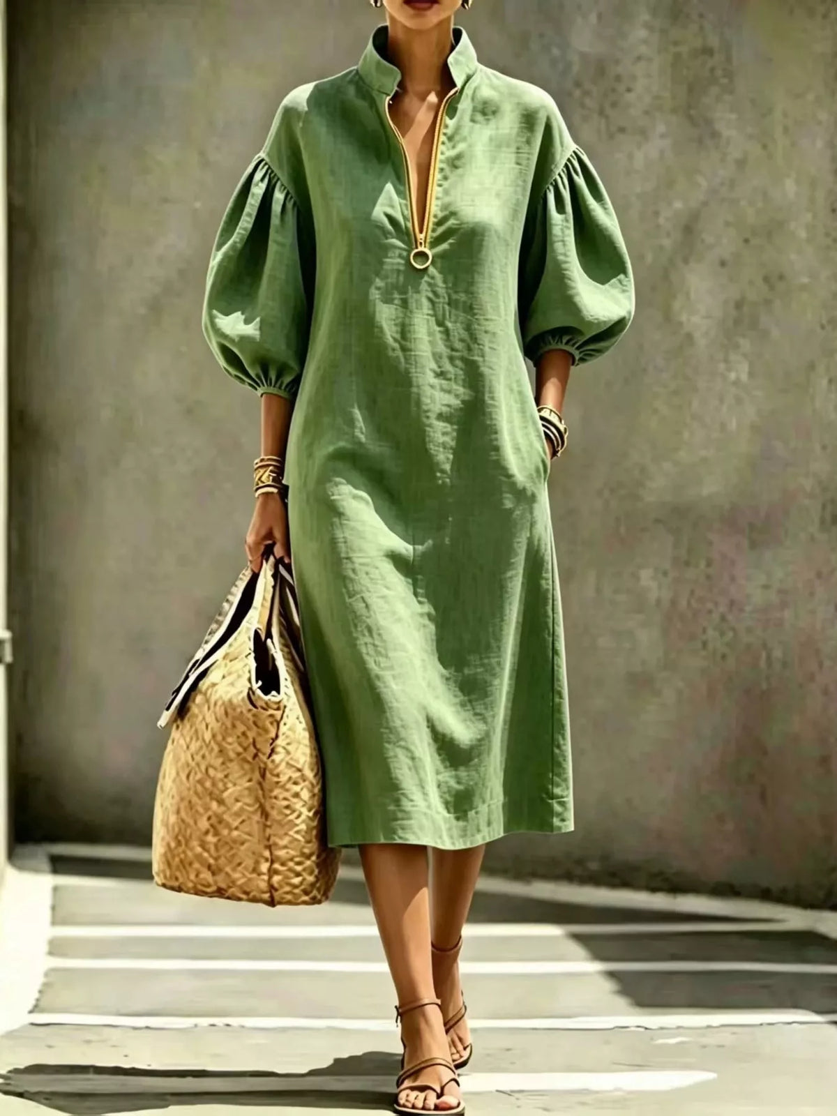 Army green midi dress with half-zip and puff sleeves, relaxed fit