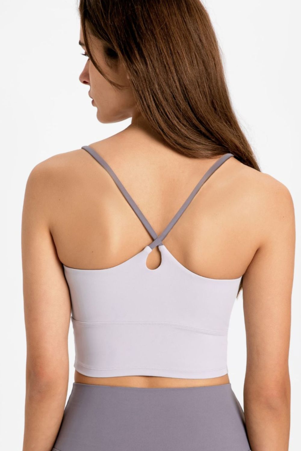Sports cami with crisscross open back and scoop neckline, lavender with thin straps