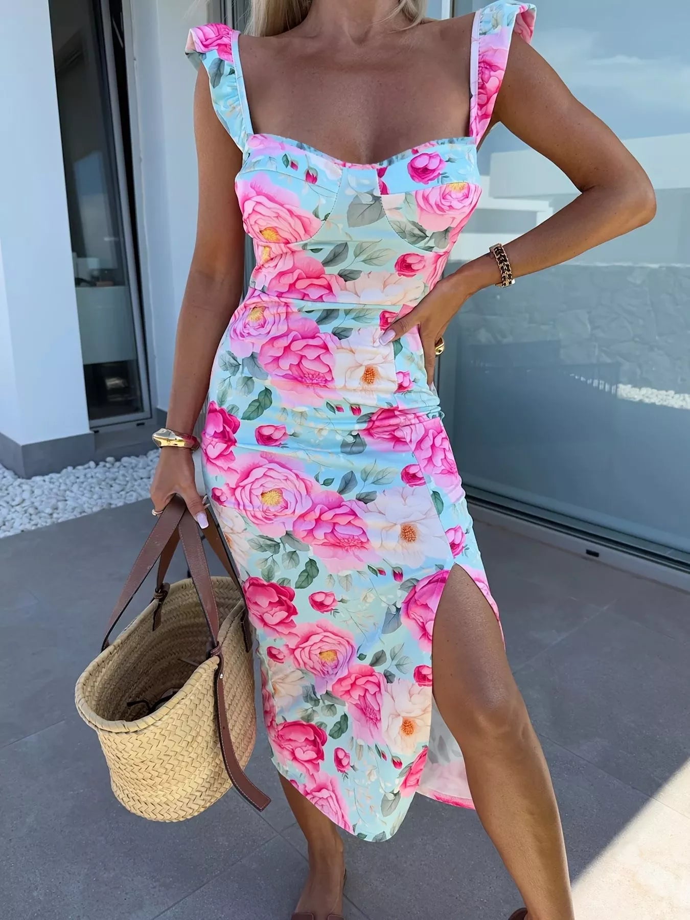 Pink rose floral midi dress with sweetheart neckline, ruffle sleeves, thigh slit