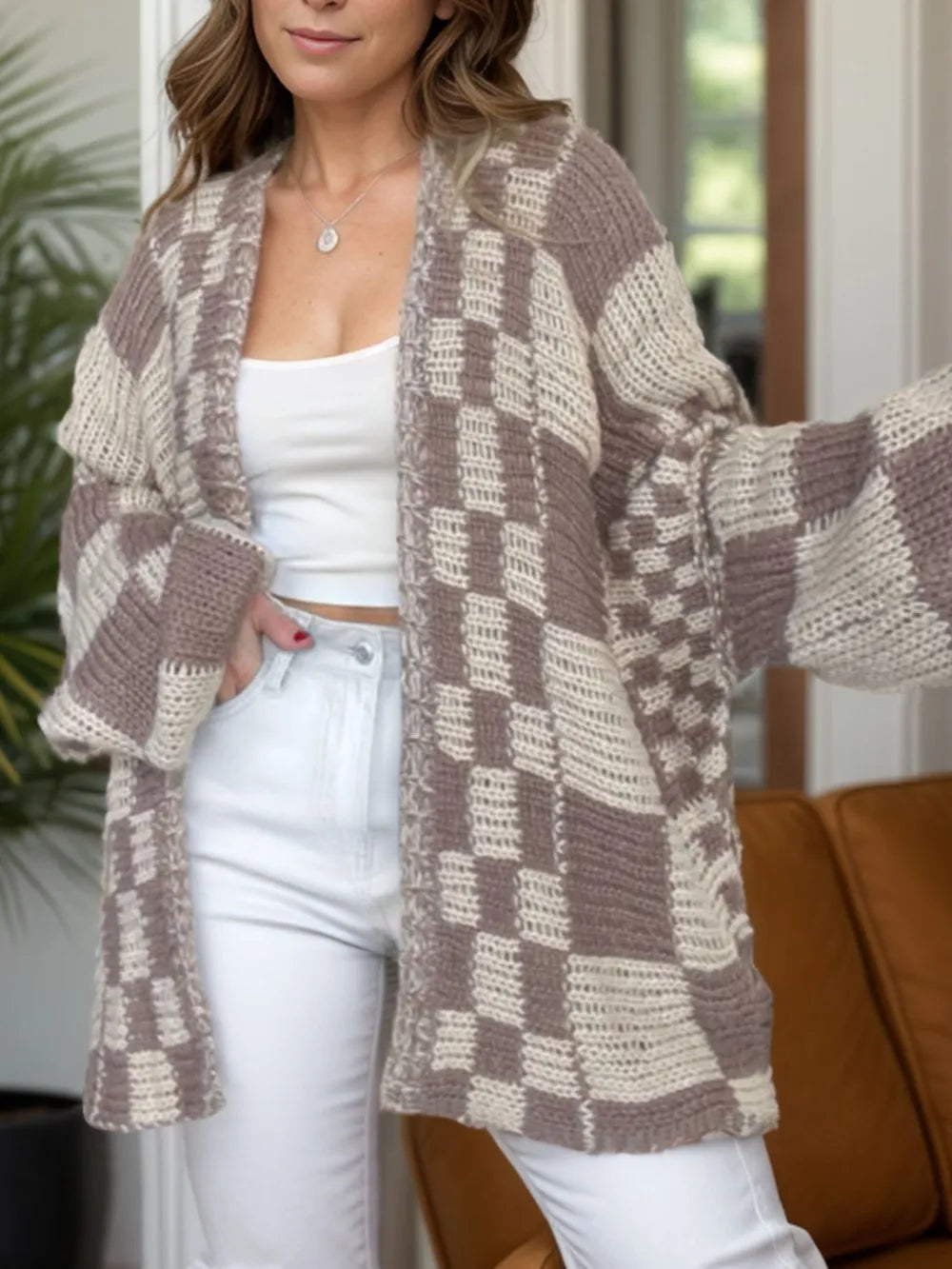Plaid open-front long sleeve cardigan in mocha and cream knit, relaxed fit