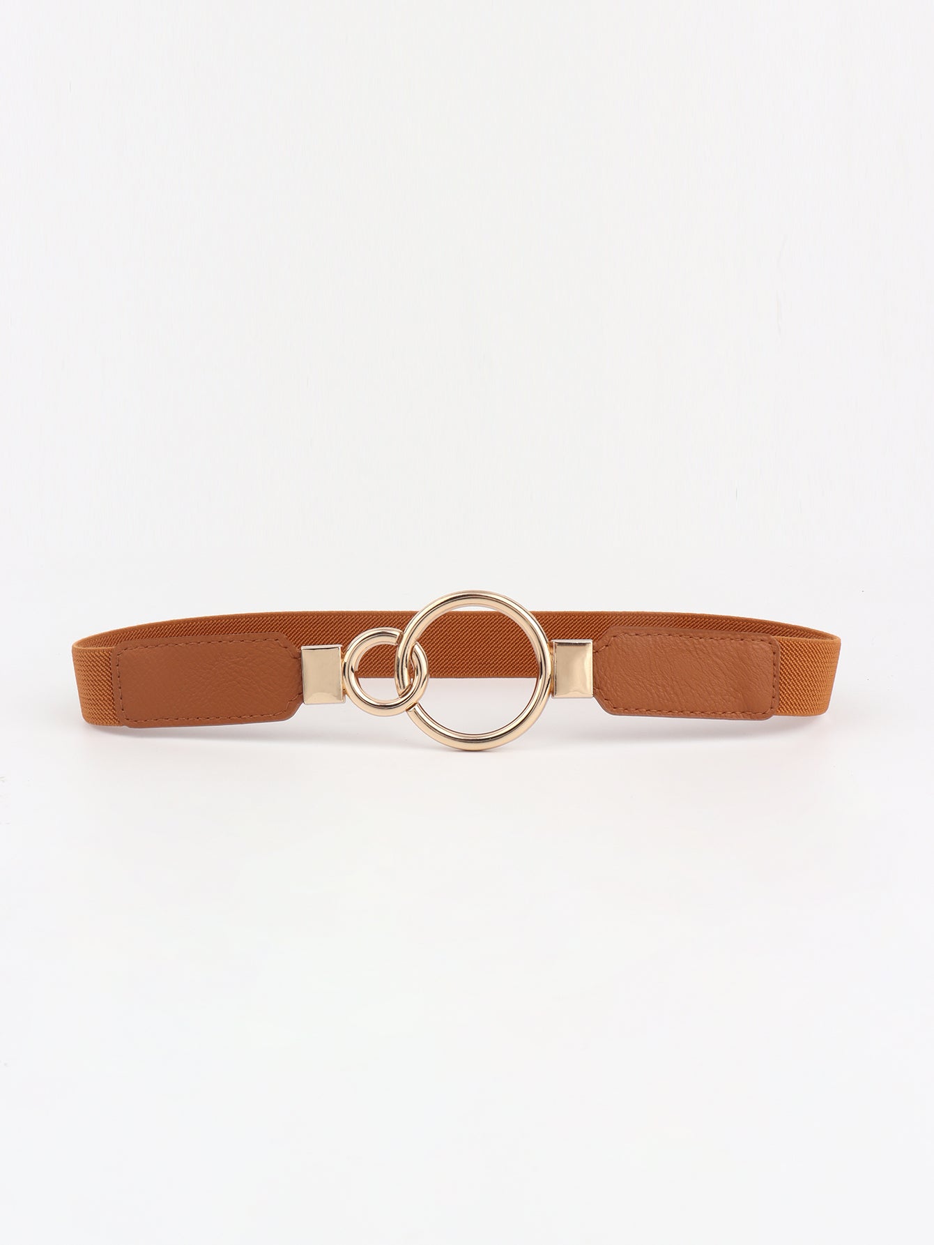 Tobacco orange elastic vegan leather belt with double ring buckle and loop ends