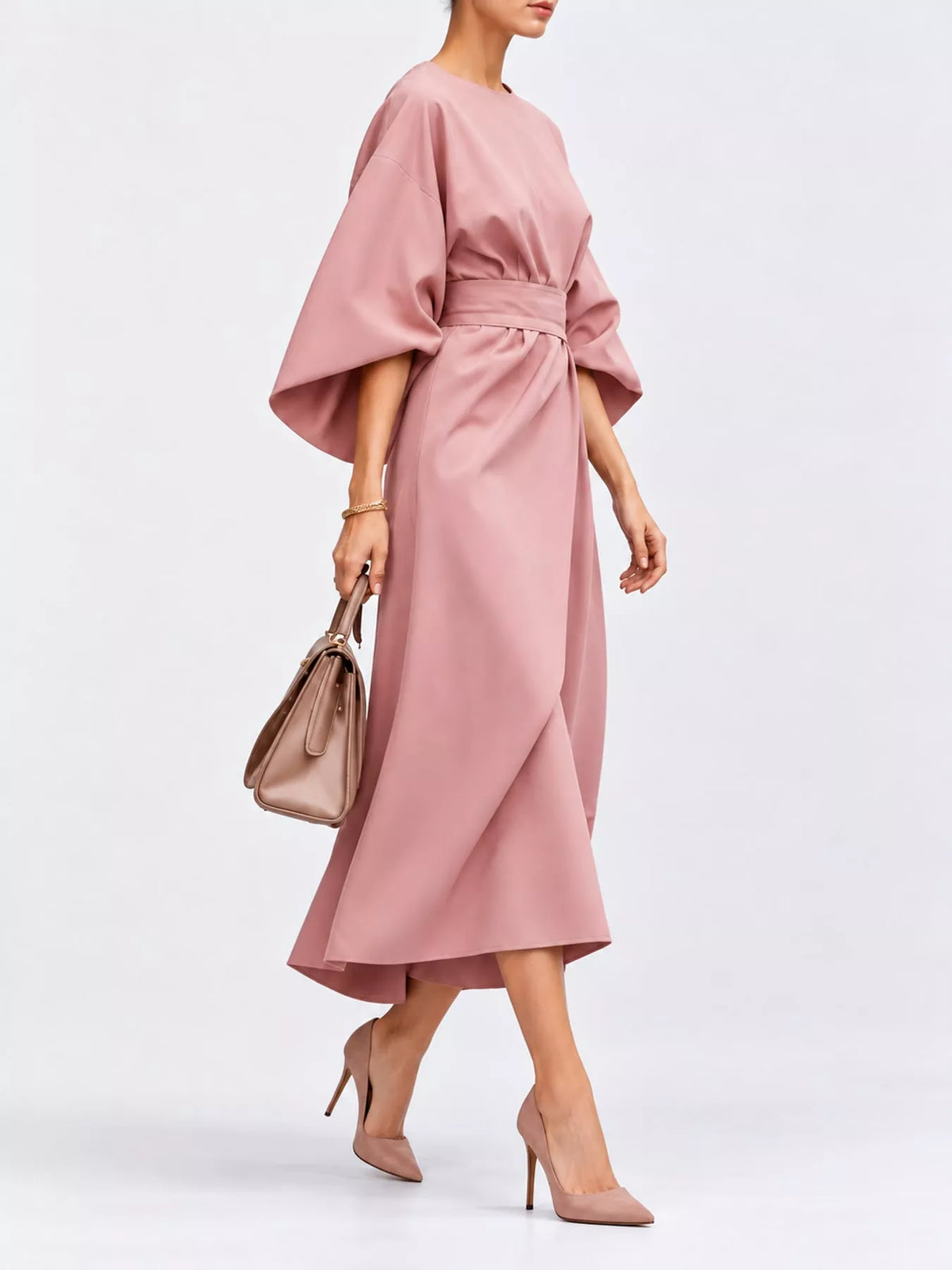 Dusty pink kimono-sleeve belted midi dress with high waist and gathered tie belt.