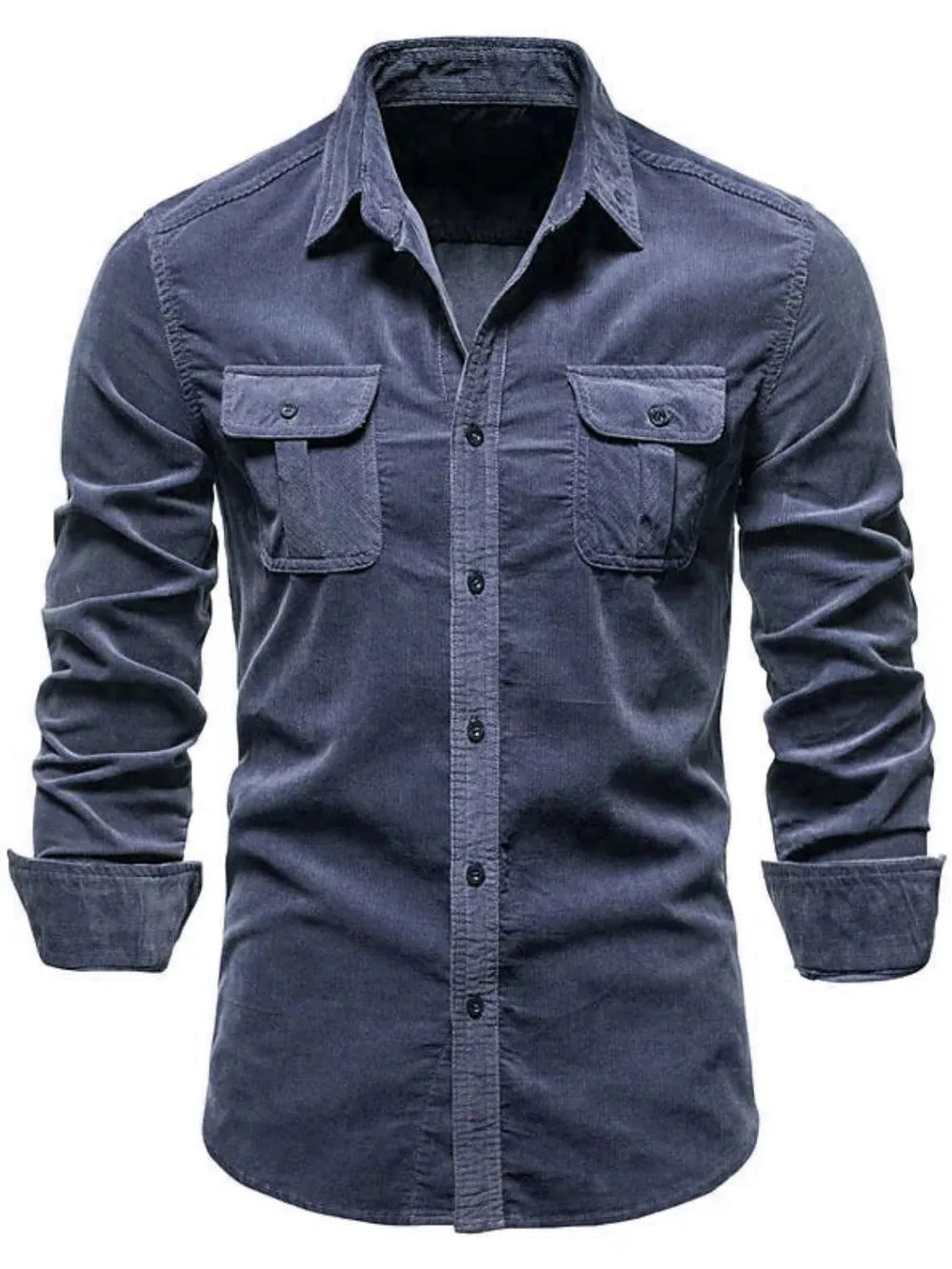 Men's collared button-down shirt with two chest pockets, long sleeves (dark blue)