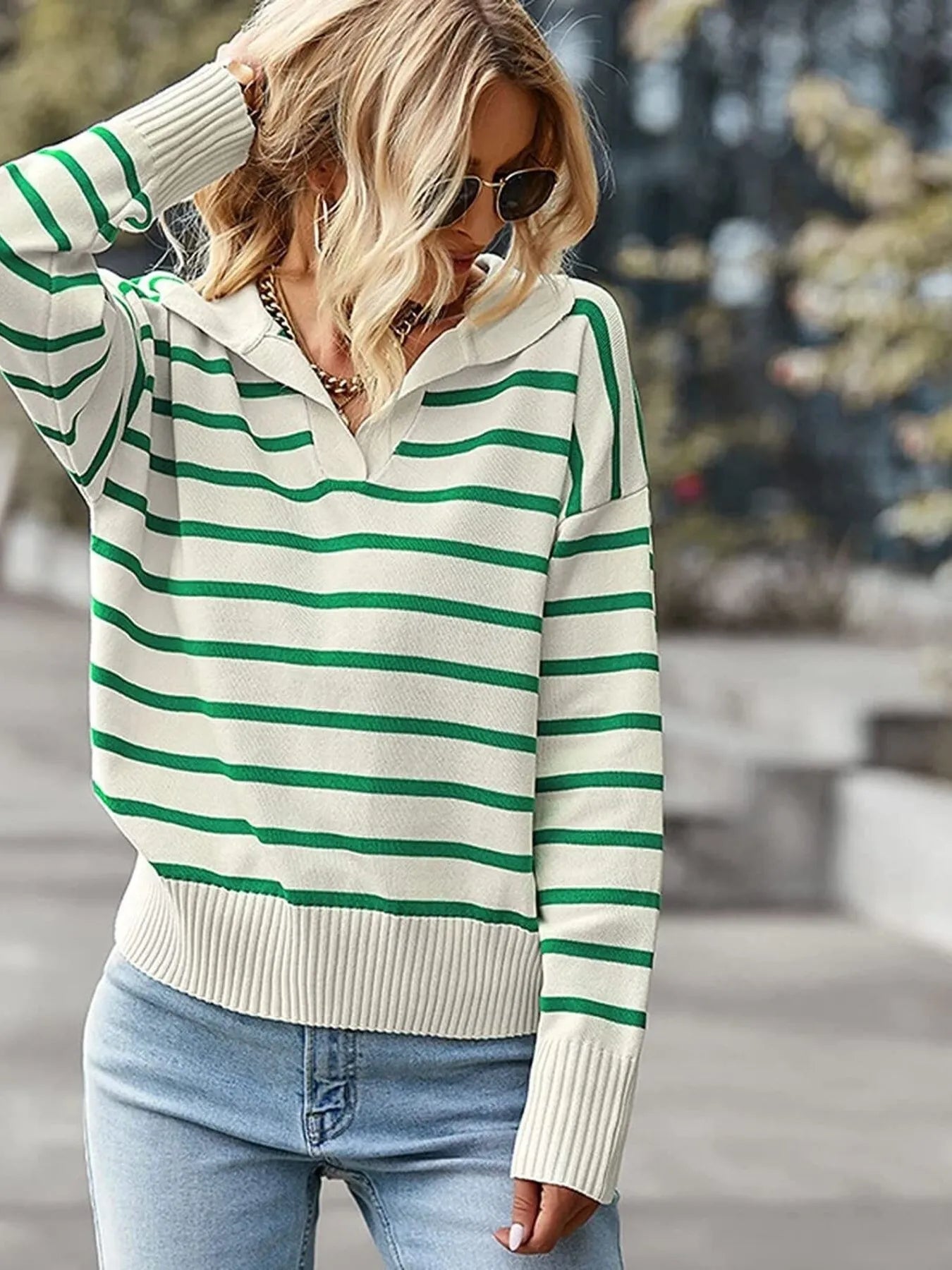 Striped sweater with ribbed cuffs and hem, cream knit with green horizontal stripes