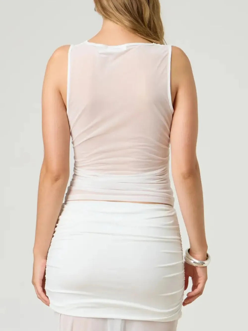 White ruched round-neck sleeveless tank top with ruched draped back