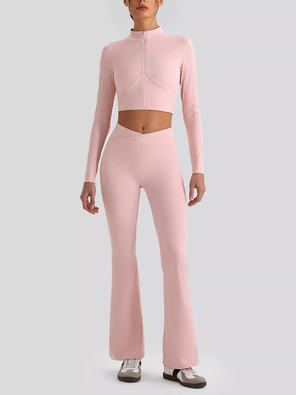 Seamless V-neck tank and flared leggings set, light pink