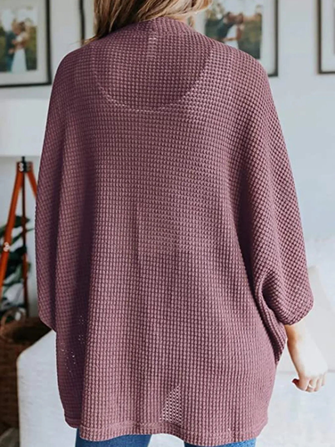Waffle knit open-front cardigan with batwing sleeves, mauve-pink back view