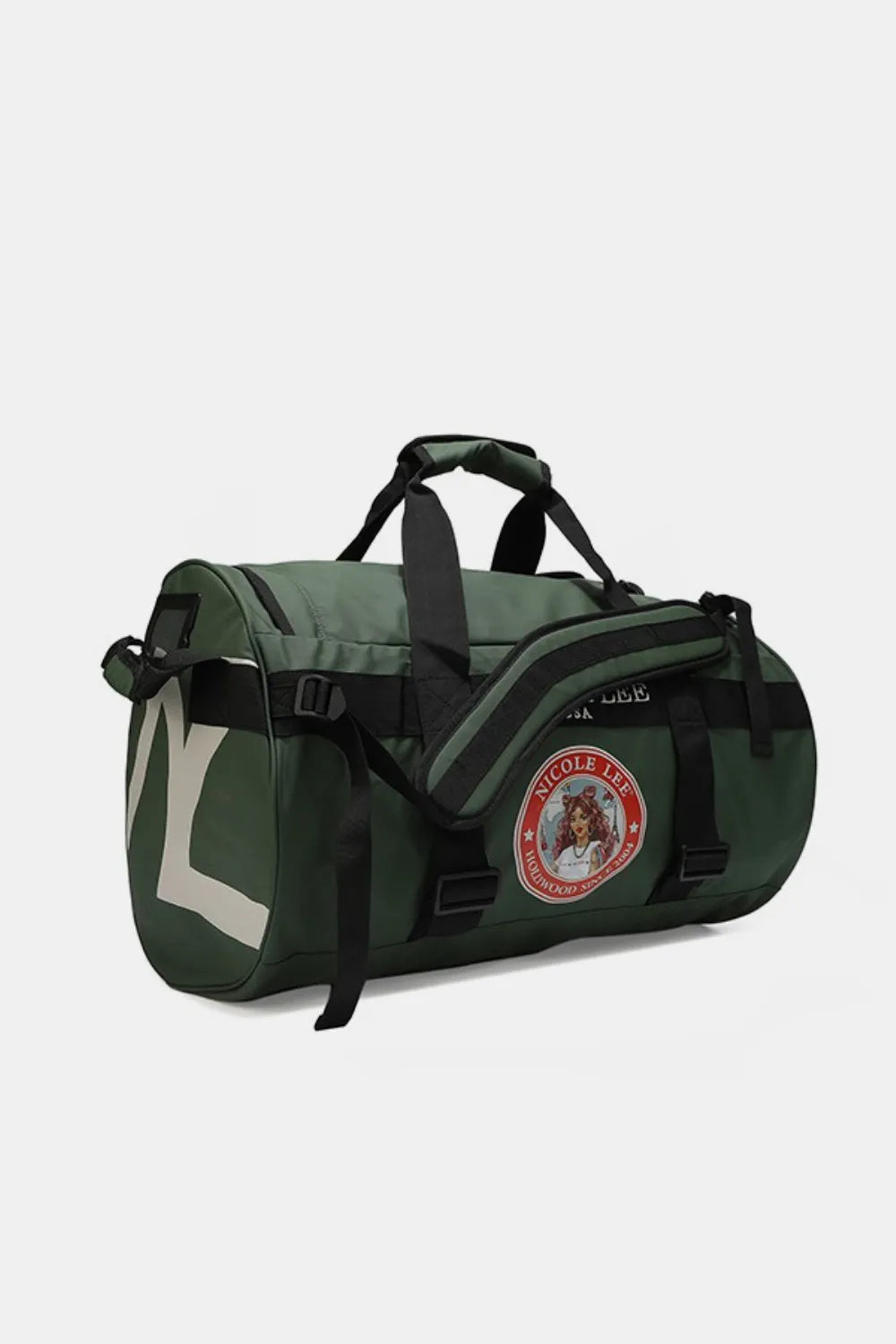 Green large duffel bag with front emblem patch, black straps, and side zip pocket