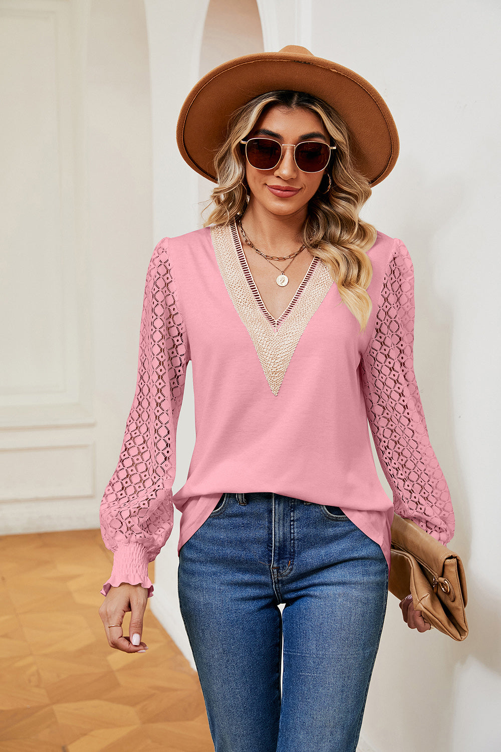 Pink contrast V-neck long-sleeve blouse with lace-look sleeves and long cuffs