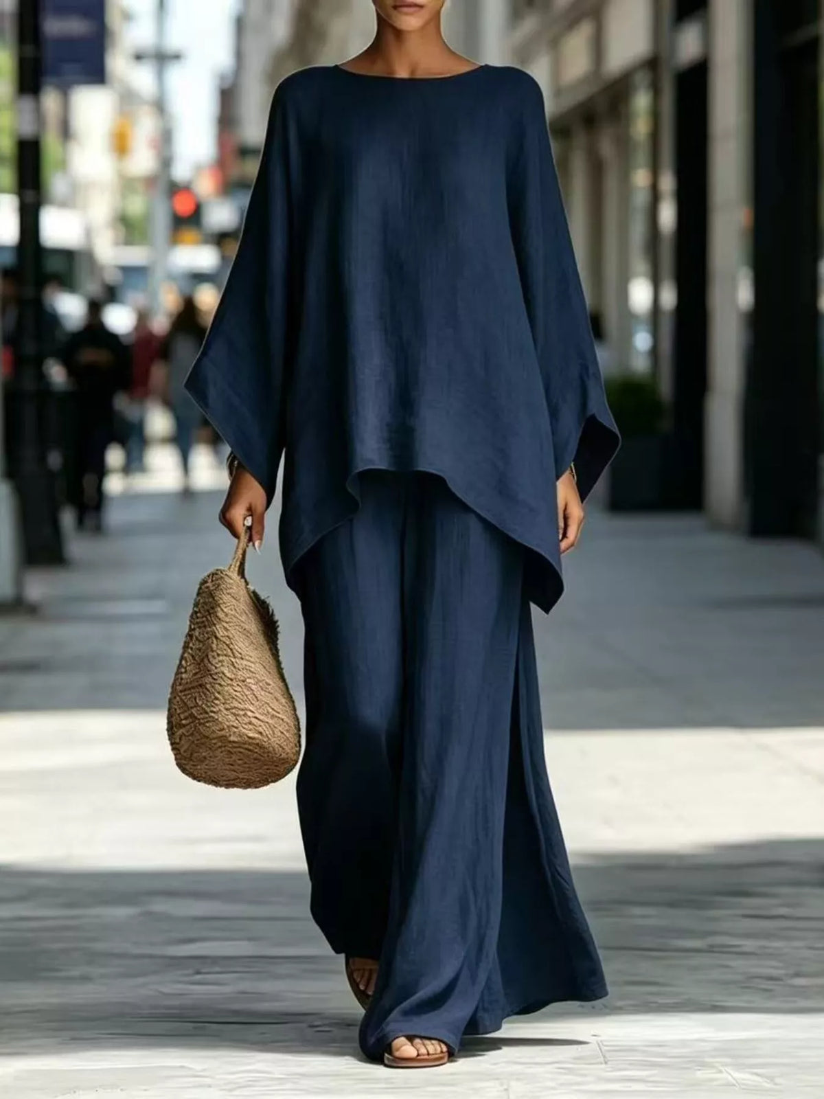Two-piece batwing top and wide-leg pants set, dark navy draped tunic and wide-leg pants