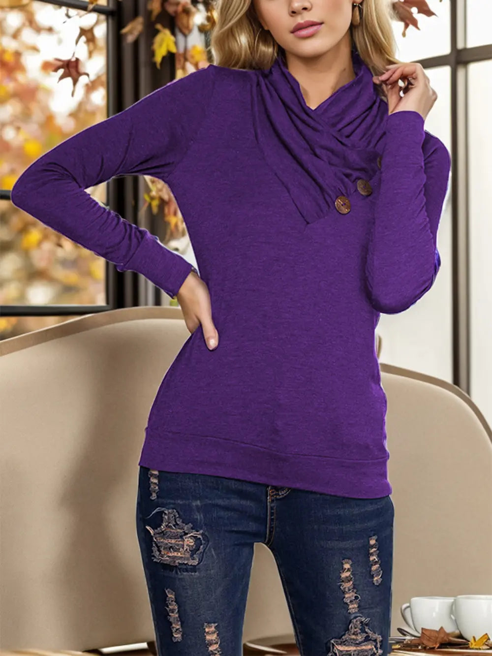 Violet long-sleeve mock neck blouse with button front and draped neckline