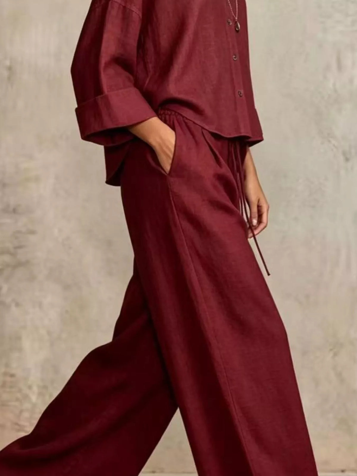 Burgundy wide leg button-down shirt and pants set, relaxed fit