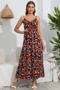 Sweetheart neck spaghetti strap dress, black floral with red rose print and ruffles