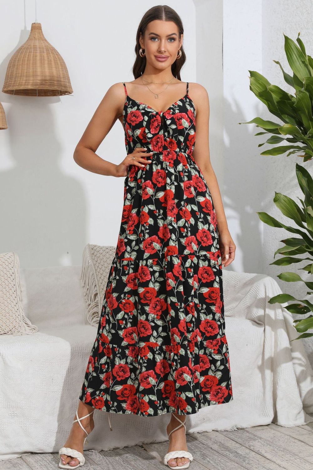 Sweetheart neck spaghetti strap dress, black floral with red rose print and ruffles