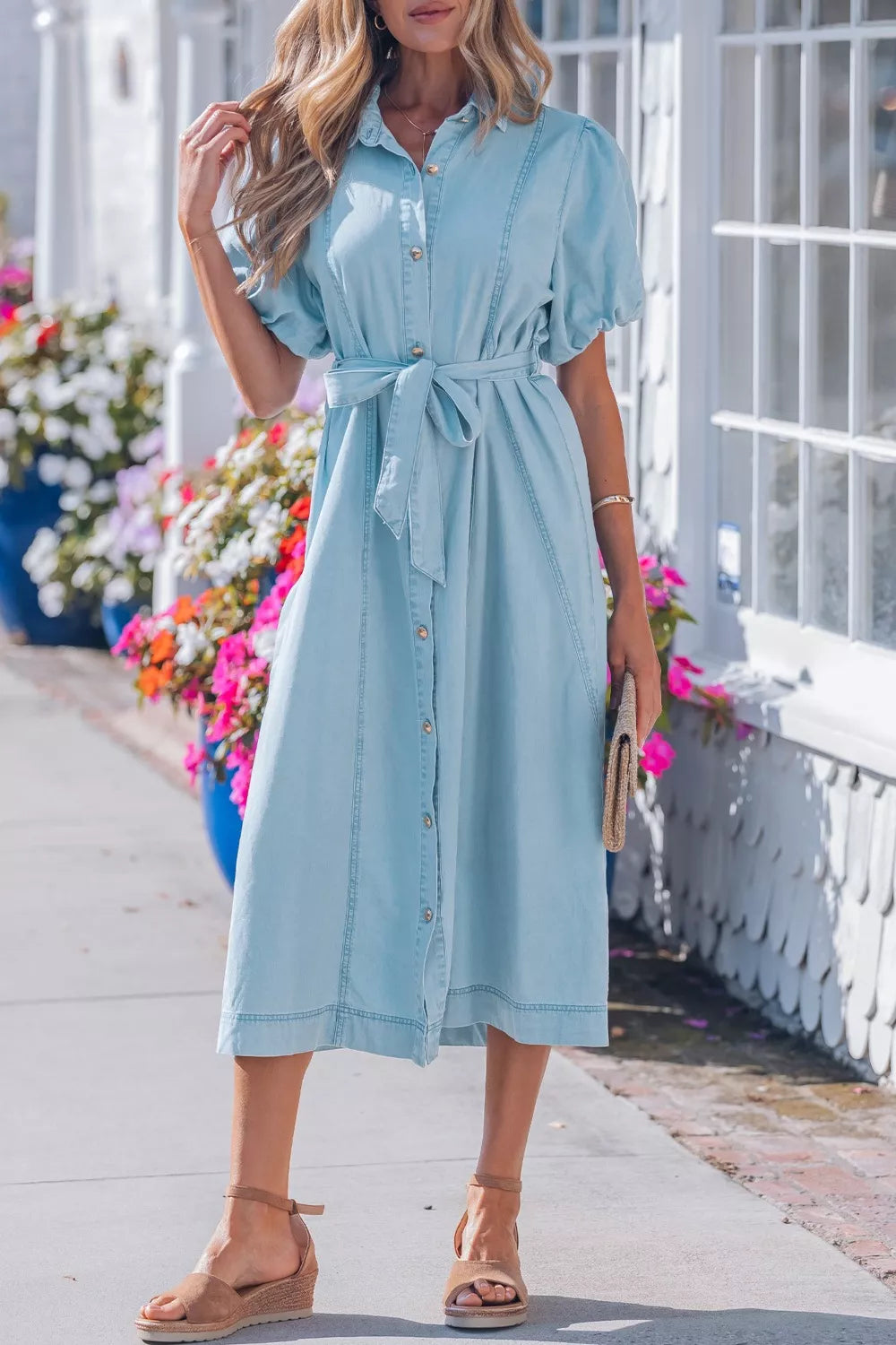 Cedar & Moore Long denim shirt dress by Trendsi with belt, light blue, collared neck, full button-front, bubble sleeves