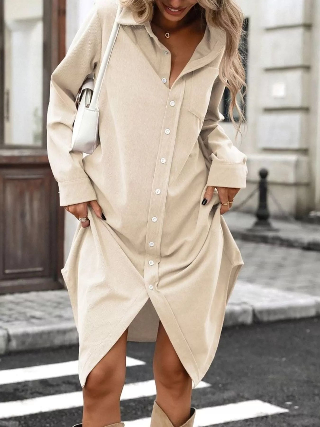 Cream corduroy shirt dress, button-front, long sleeves, relaxed fit