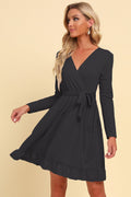 Long sleeve tie-waist ruffle hem dress, black V-neck with tied waist