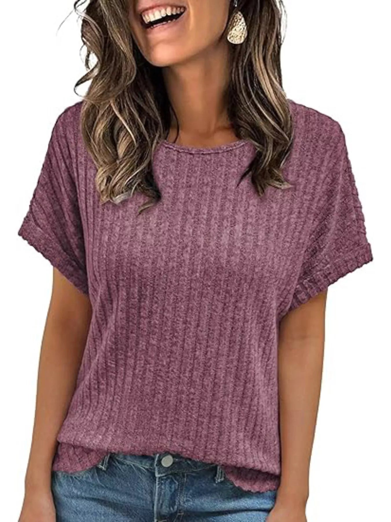 Purple ribbed knit short-sleeve T-shirt with crew neck