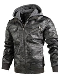 Dark grey camouflage hooded vegan leather jacket with snap button chest details