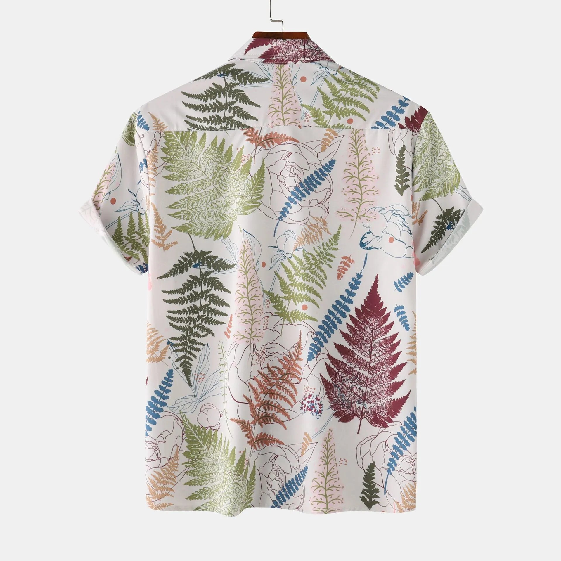 White base printed short-sleeve button-up shirt with multicolor leaf pattern, back