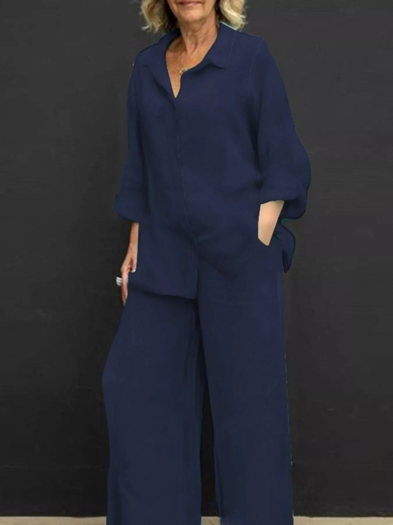 Navy blue long-sleeve shirt and wide-leg pants set with front buttons