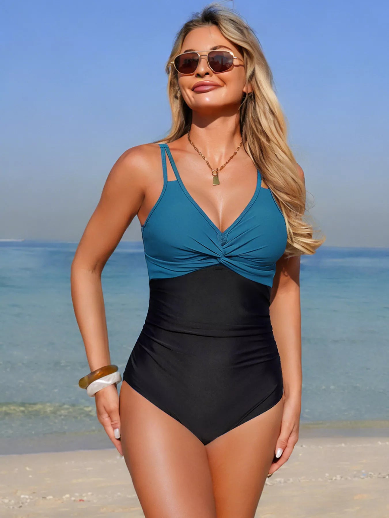 Trendsi Twisted Front V-Neck One-Piece Swimsuit with blue ruched chest and black bottom