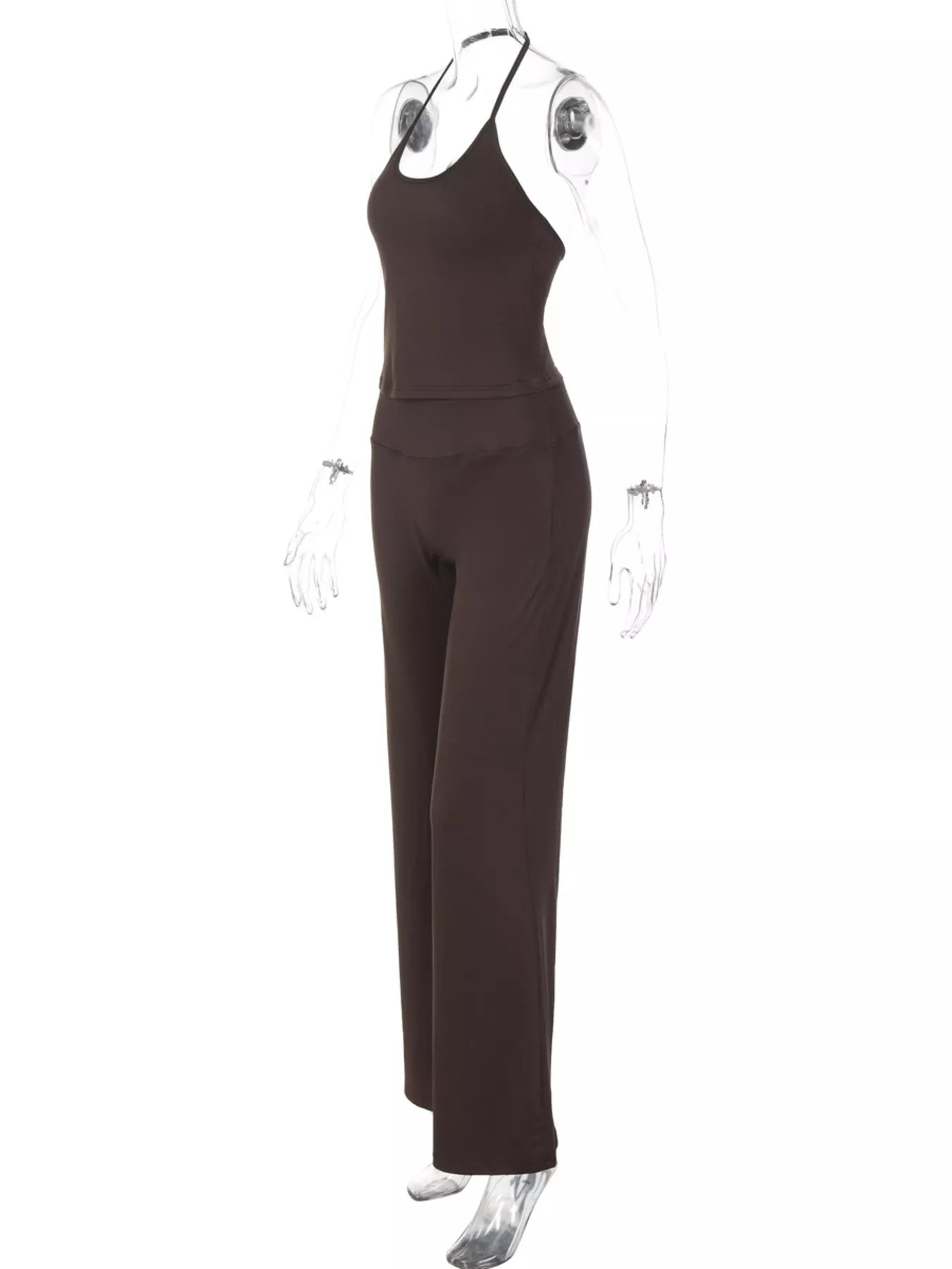 Dark brown halter neck crop top and wide-leg pants set, side view