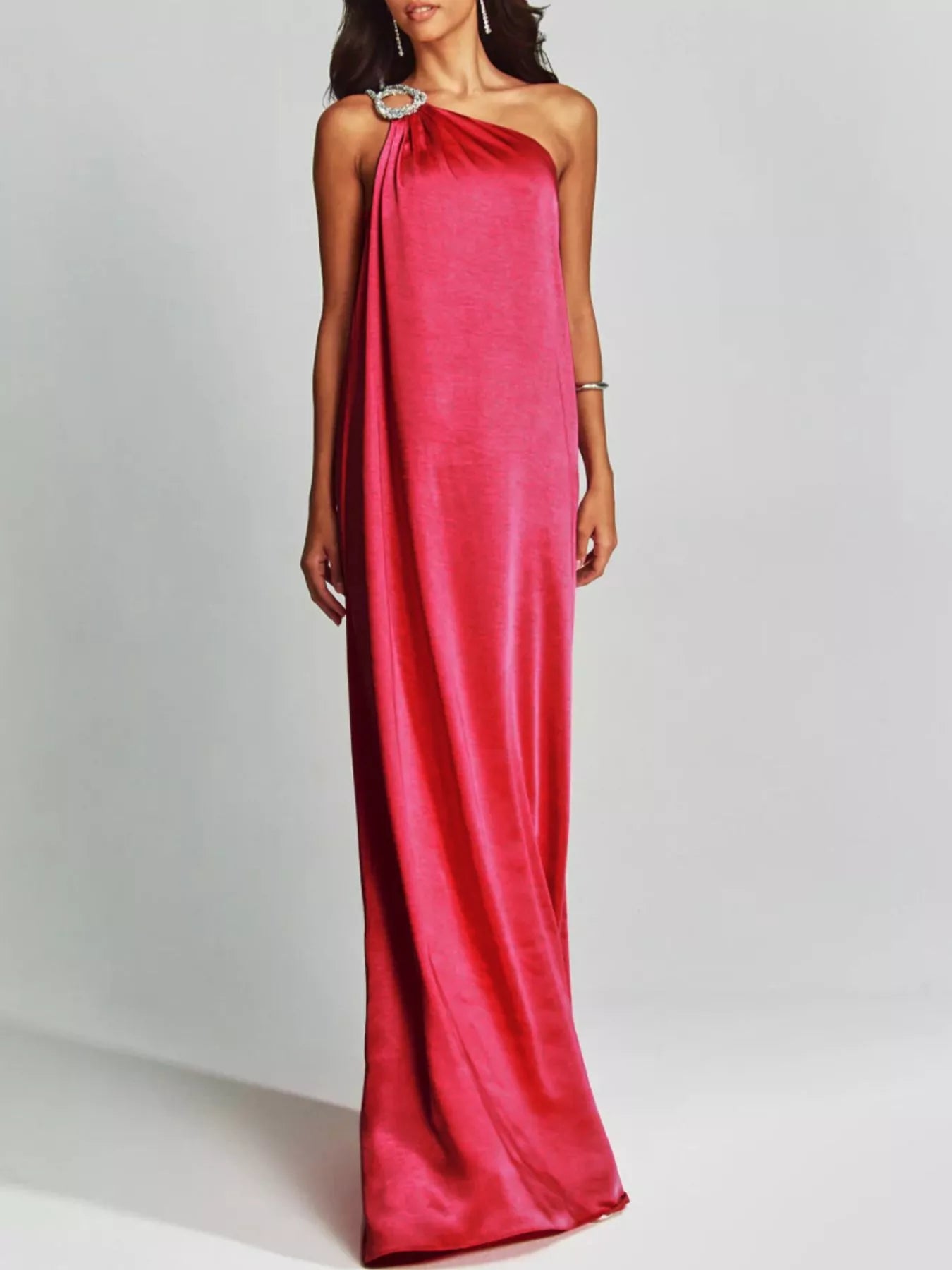 Cedar & Moore One-Shoulder Rhinestone Satin Maxi Dress in pink by Trendsi