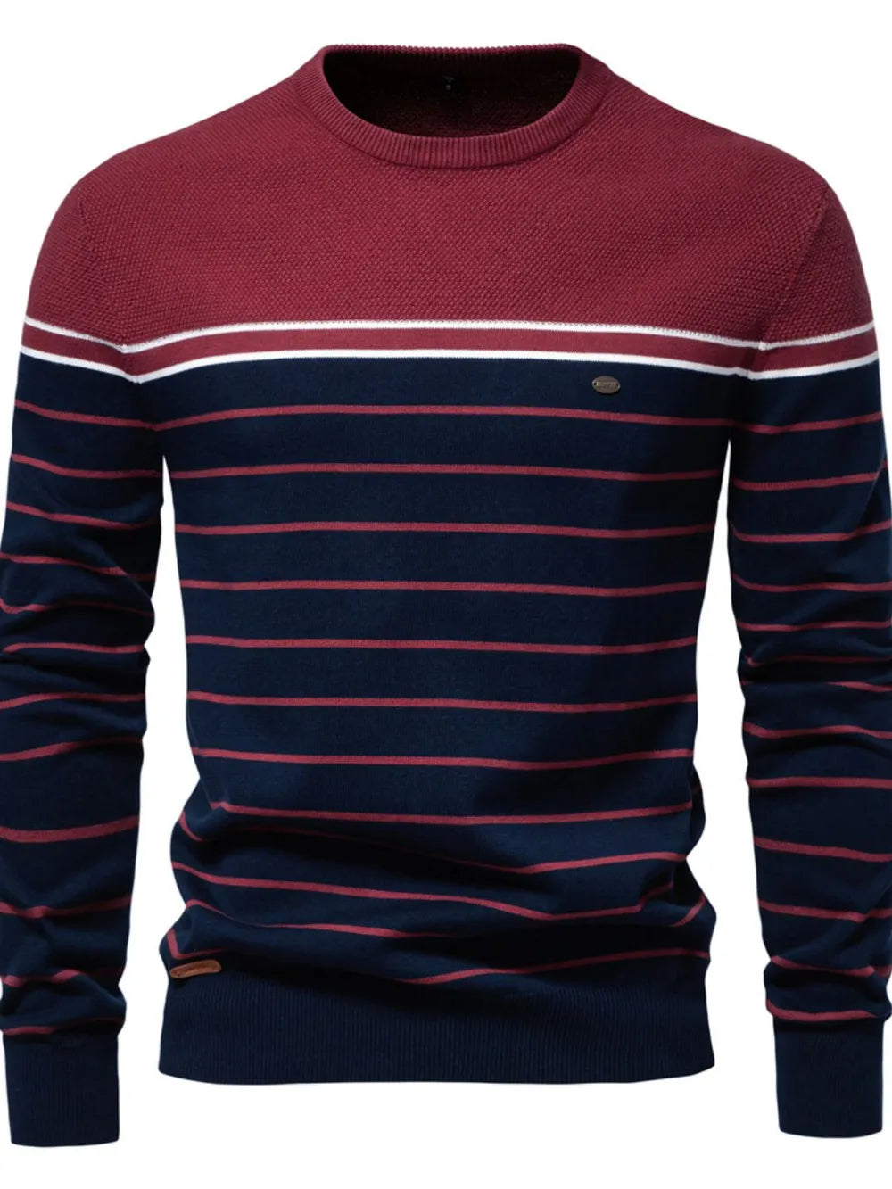 Men's burgundy striped round-neck long-sleeve sweater with navy and red stripes