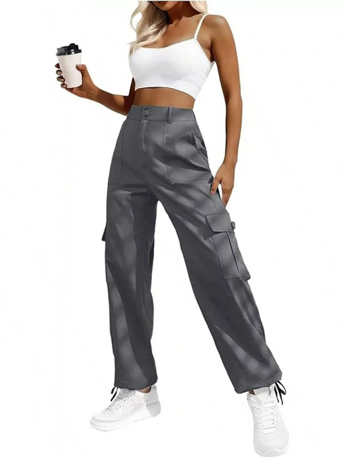 High-waist cargo pants in dark gray with cargo pockets and drawstring cuff hems
