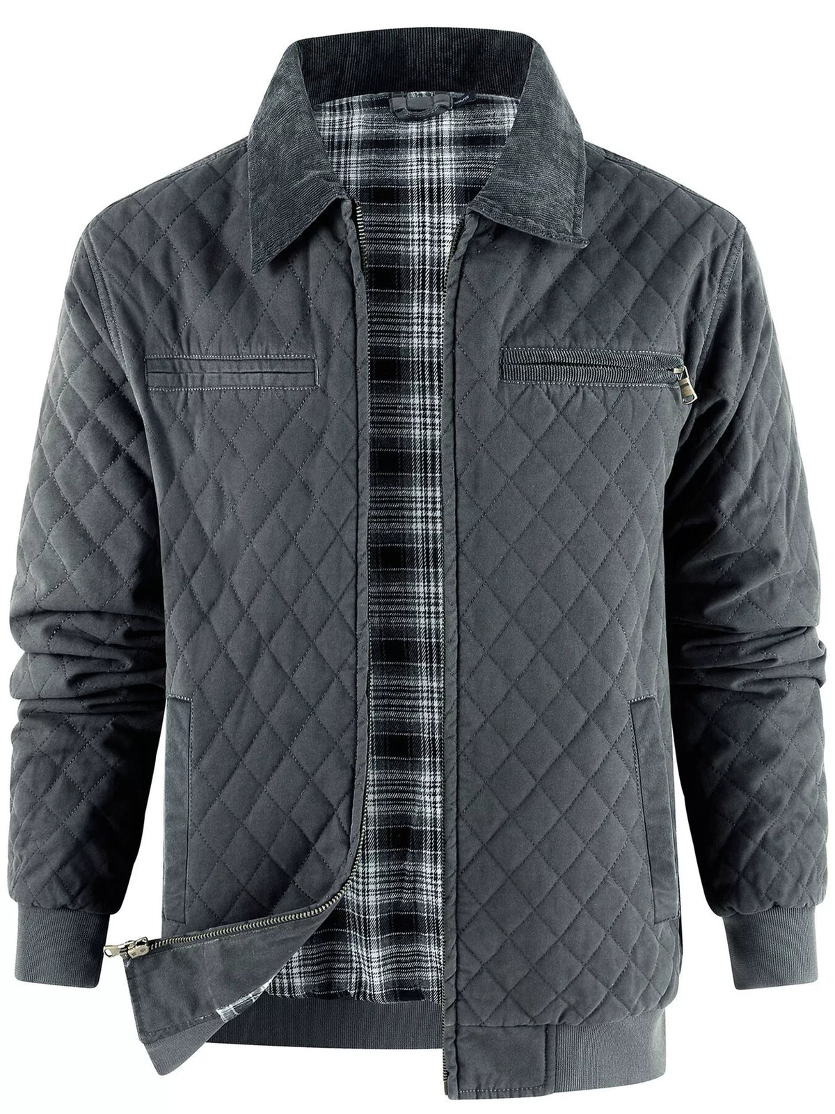 Gray quilted zip-up jacket with dark plaid lining and zip pockets