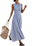 Blue striped sleeveless maxi dress with crisscross waist and gathered neckline