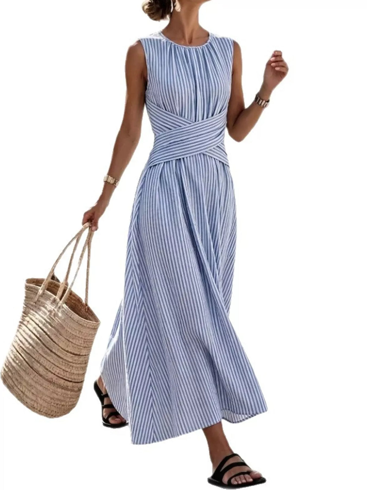 Blue striped sleeveless maxi dress with crisscross waist and gathered neckline