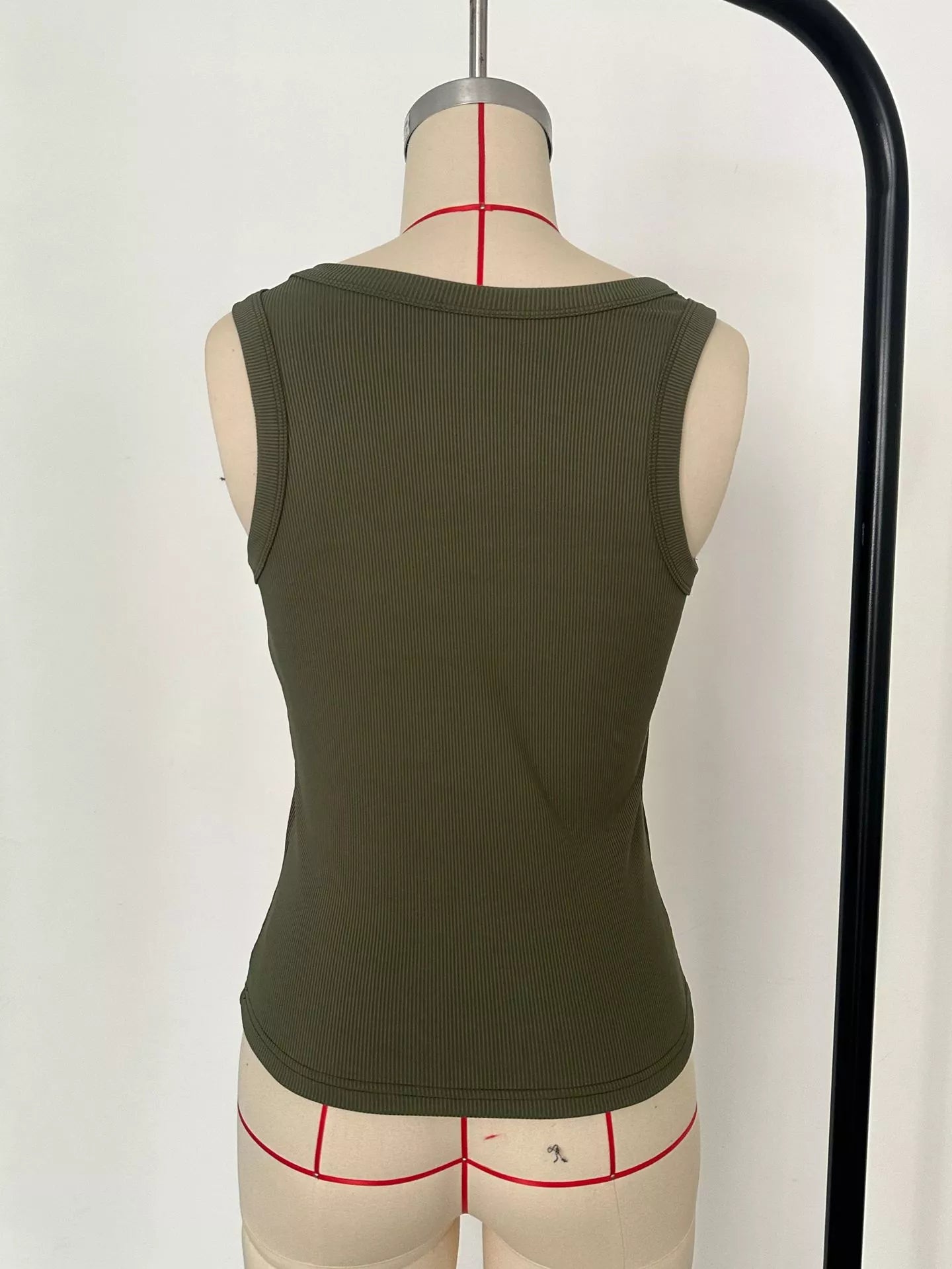 Cedar & Moore Ribbed Knit Slim Fit Tank, olive green sleeveless top, back view on mannequin