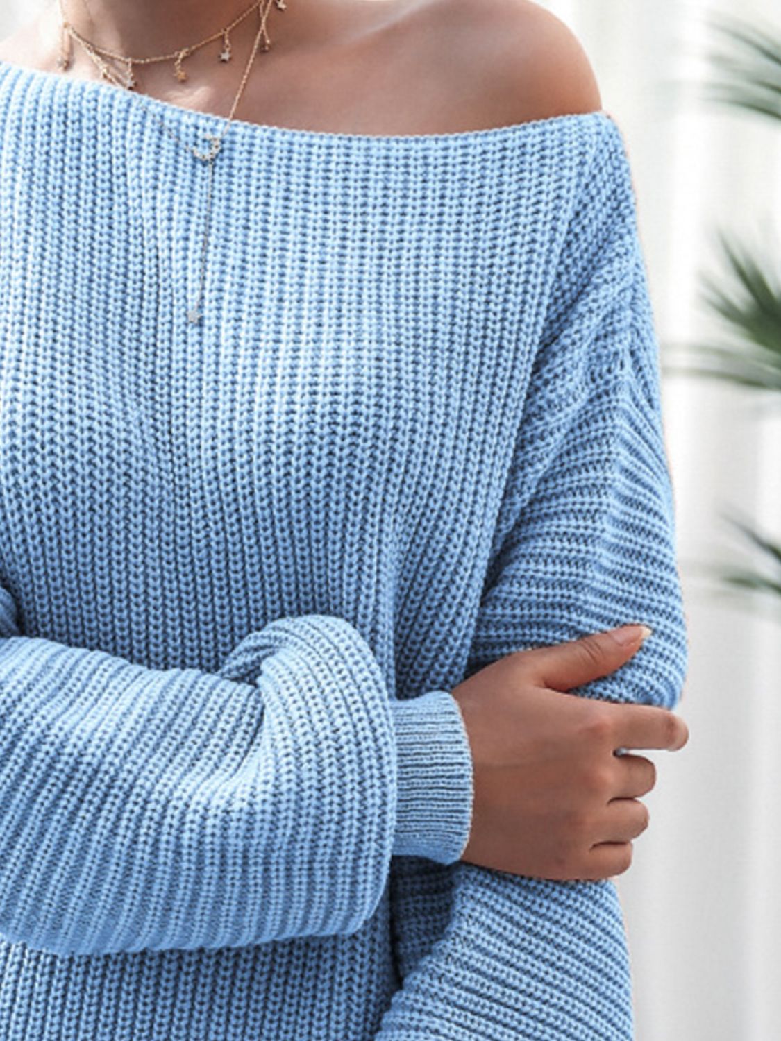 Rib-knit mini sweater dress, pastel blue, off-shoulder neckline, ribbed cuffs