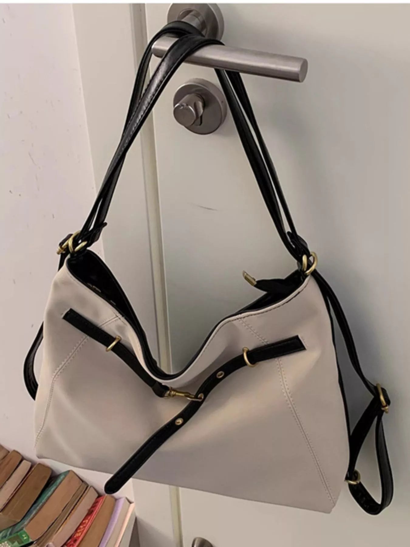 Buckle Decor Shoulder Bag, large white PU with black straps and gold hardware.