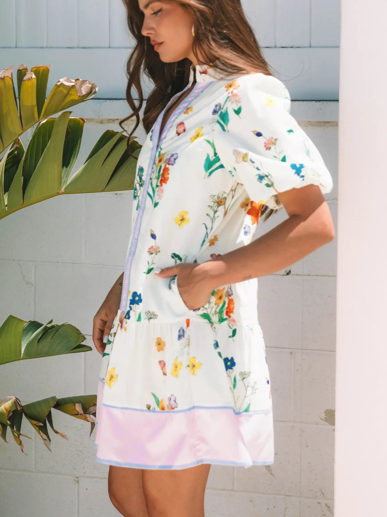 Floral Print Notched Short-Sleeve Dress, white base with colorful flowers and pink hem