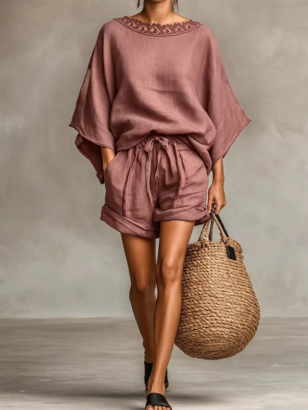 Dusty pink oversized lace-trim top and drawstring shorts set, loose fit, side view
