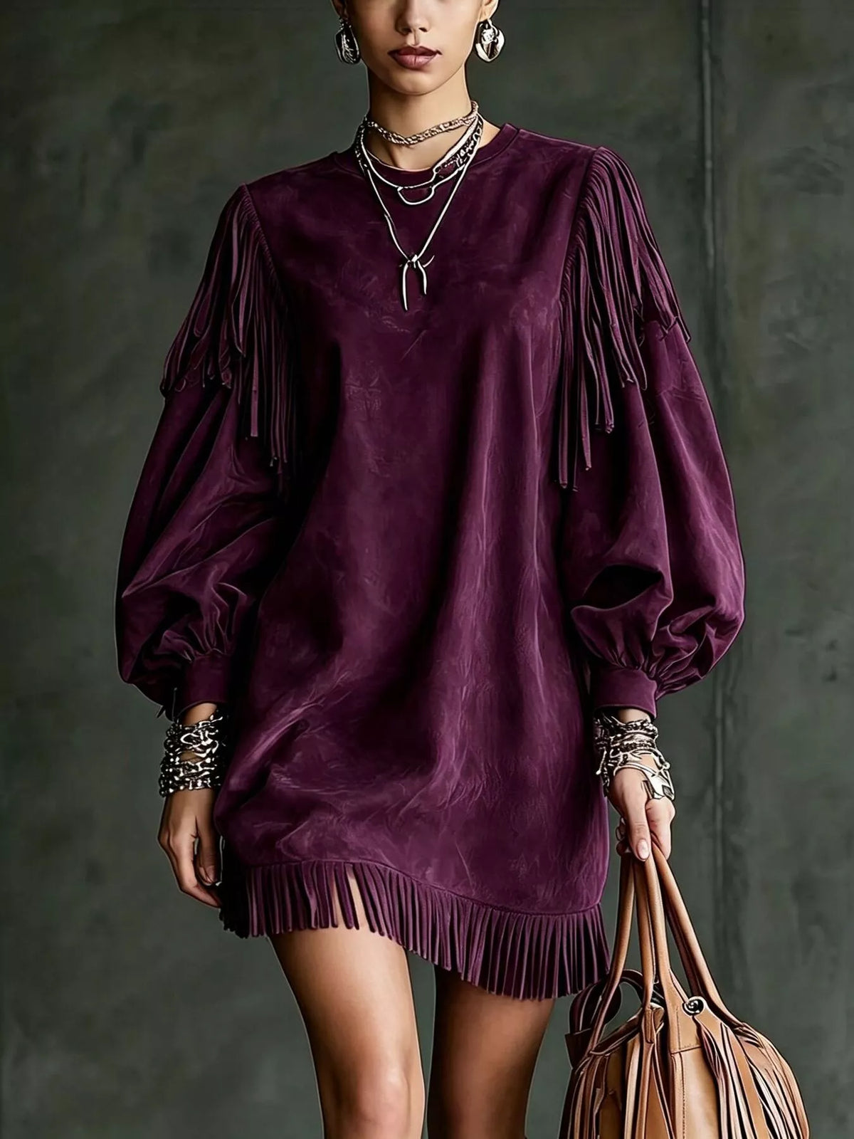 Purple mini dress with fringe lantern sleeves and curved neckline