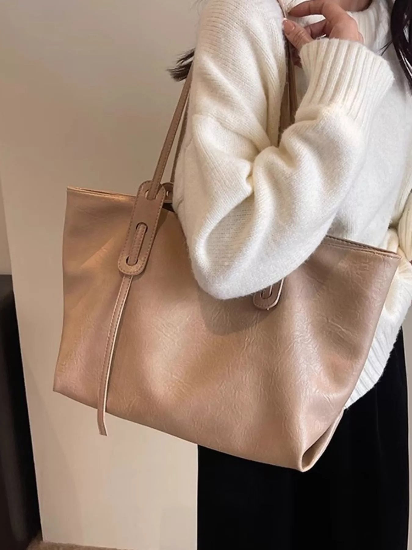 PU Leather Shoulder Bag, large tan tote with long strap