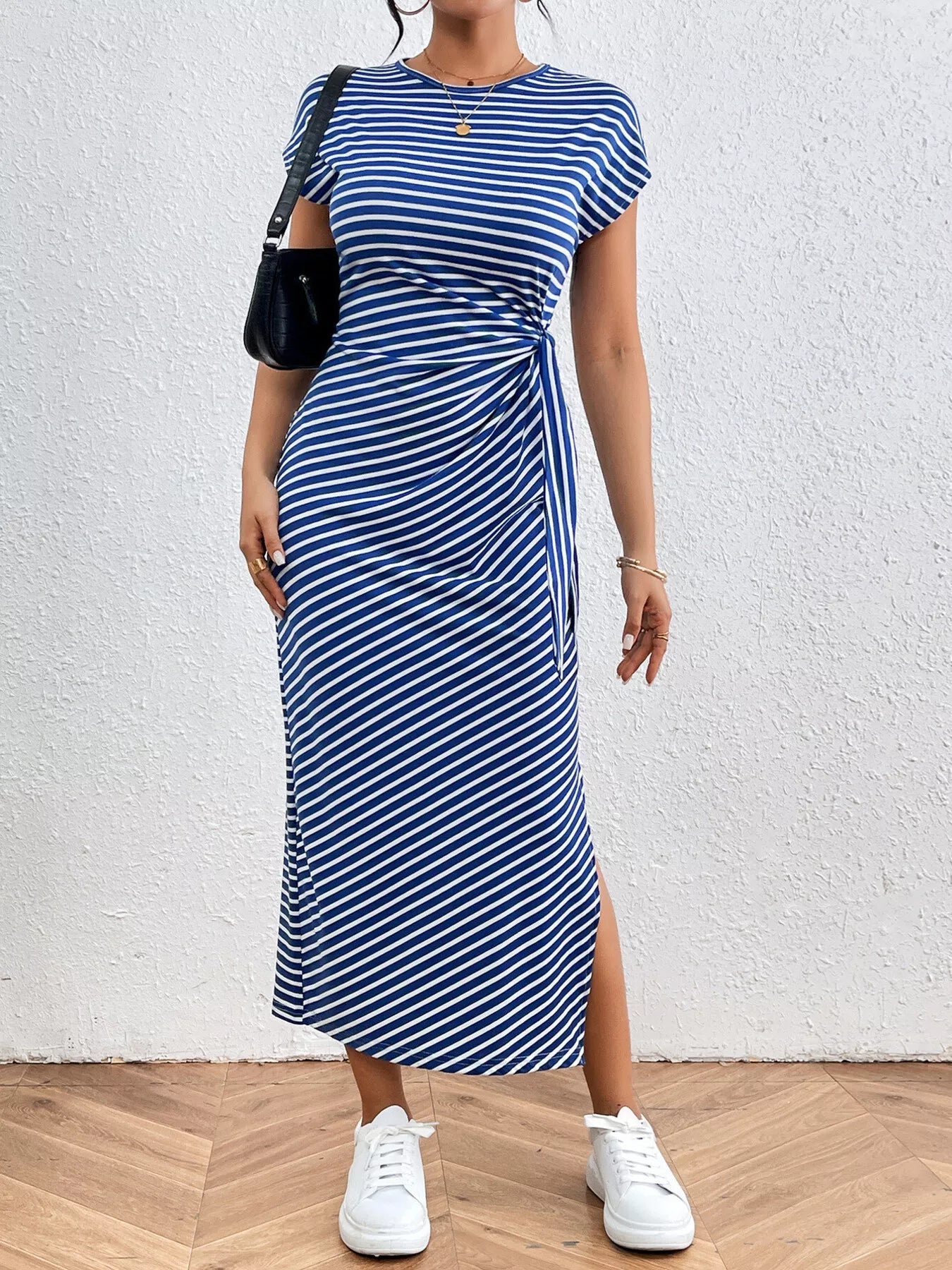 Blue striped tie-waist midi dress, short sleeves, crew neck, side draped knot
